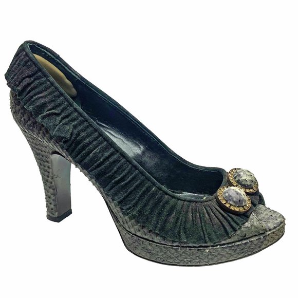 ISABELLA FIORE Gray Python Embossed Leather Peep Toe‎ Heels - Picture 2 of 11